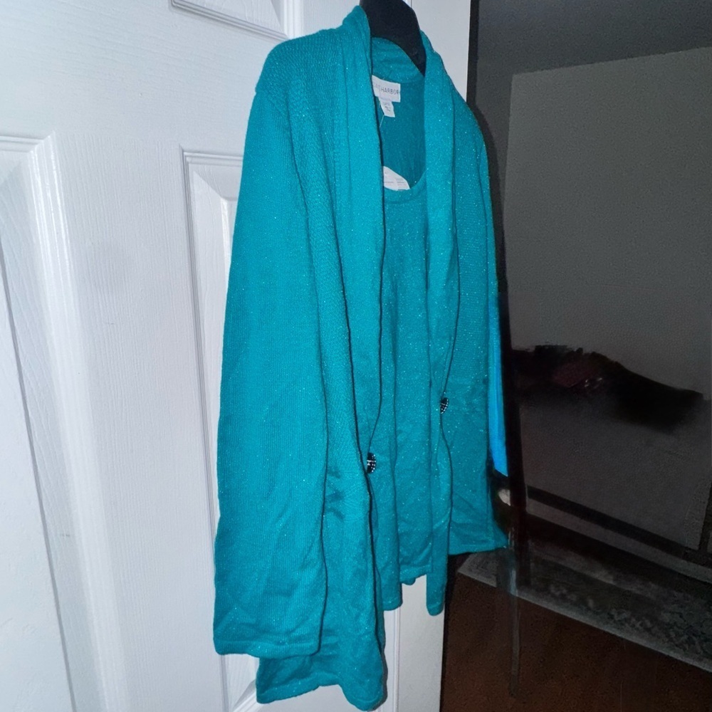 Sag Harbor Women's L Aquamar Teal Metallic Cardigan Top Rhinestone Accent NWT - Picture 12 of 16